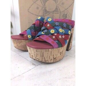 Free People Lisbon Platform Mules Cherry Heart Floral Size 38 Sandals NEW